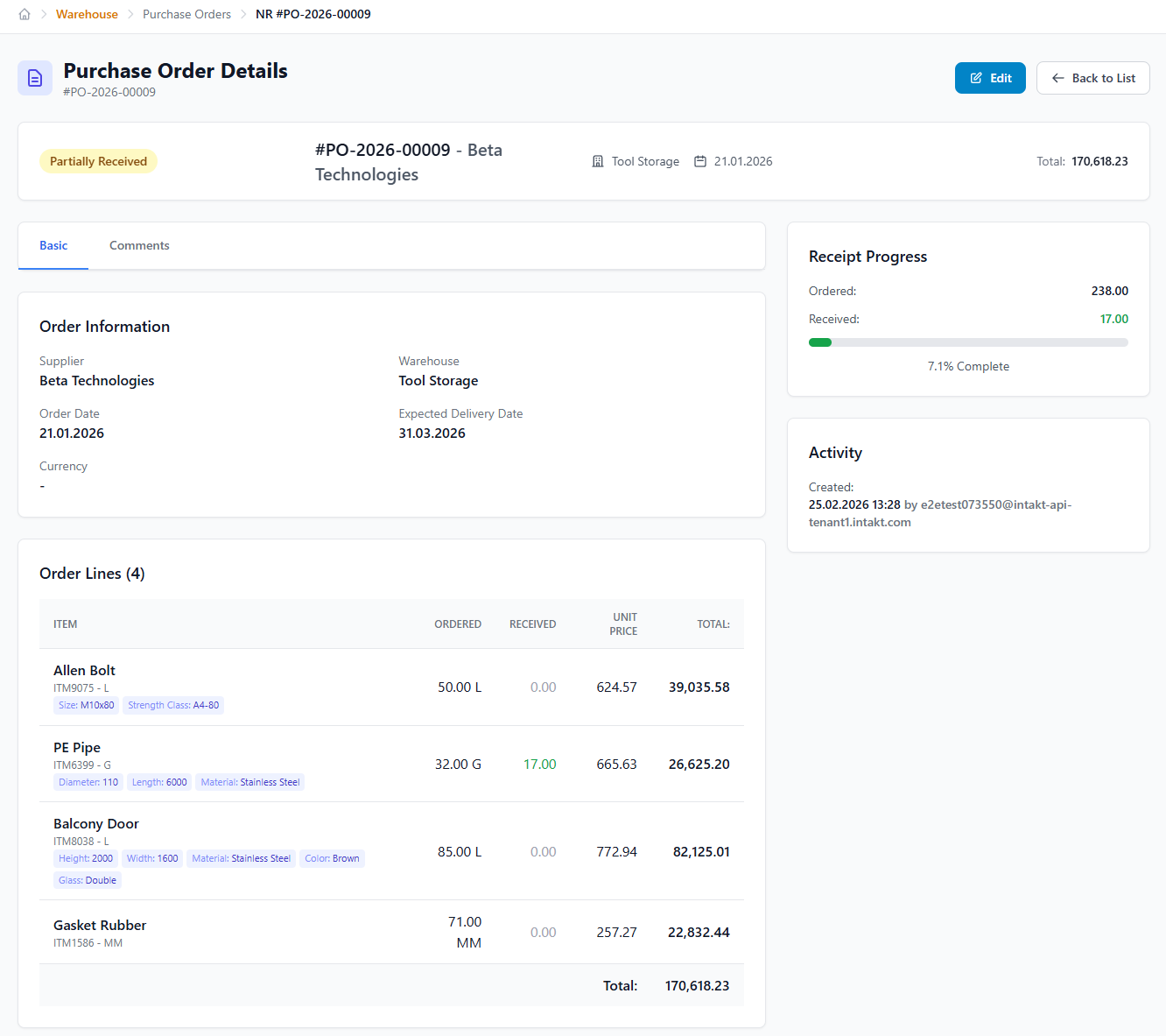 iNTAkt procurement module showing purchase orders with approval workflow